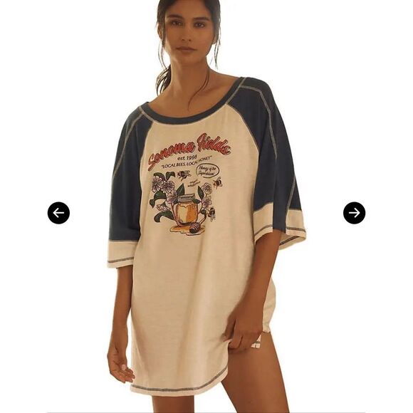 Anthropologie Sonoma County Graphic Raglan Sleep Tee Blue Cream M NEW